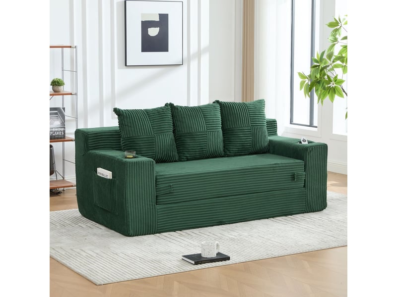  Canapé tissu coton et lin porte-gobelet intégré poches latérales conversion en trois places design sans cadre coussins tricotés dossier intégré assise spacieuse  - Conforama B