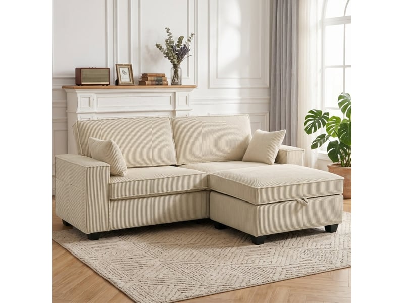 Canapé d'angle 3 places modulaire avec ottomane de rangement et poches latérales en velours côtelé beige - Conforama B