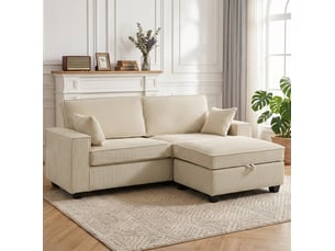 Canapé d'angle droit fixe <strong>WISHDOR</strong> <strong></strong> 3 places Velours côtelé beige avec coffre de rangement