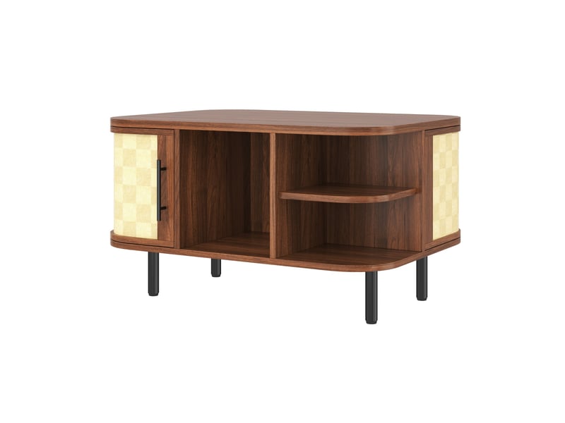  Table basse 80x60x46.5 cm - forme galbée arrondie avec façades effet tressé - niches ouvertes, placards latéraux et pieds en métal – bois de noyer  - Conforama A