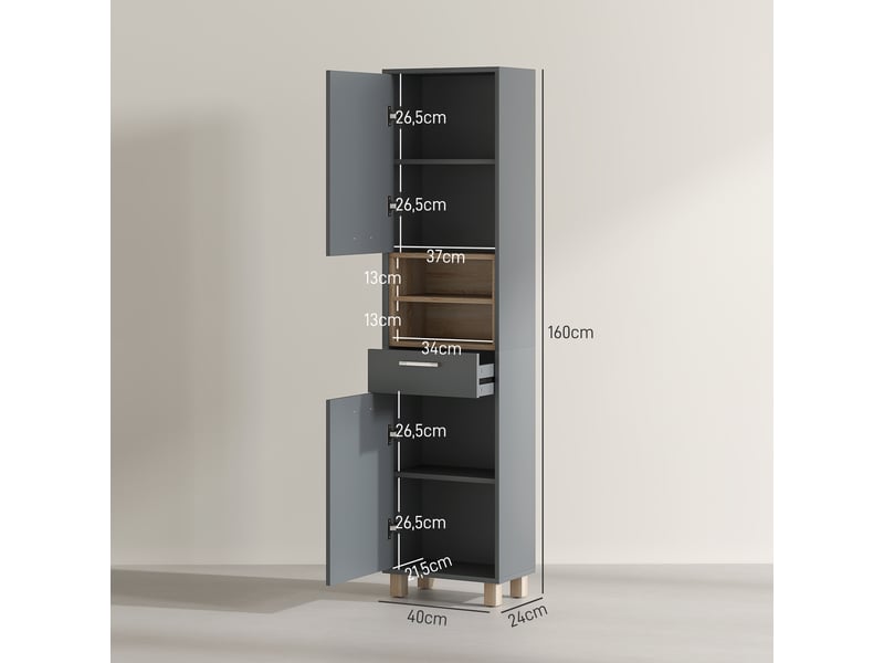  Colonne salle de bain, meuble salle de bain rangement avec 2 placards, gris, tiroir et 2 compartiments ouverts  - Conforama C