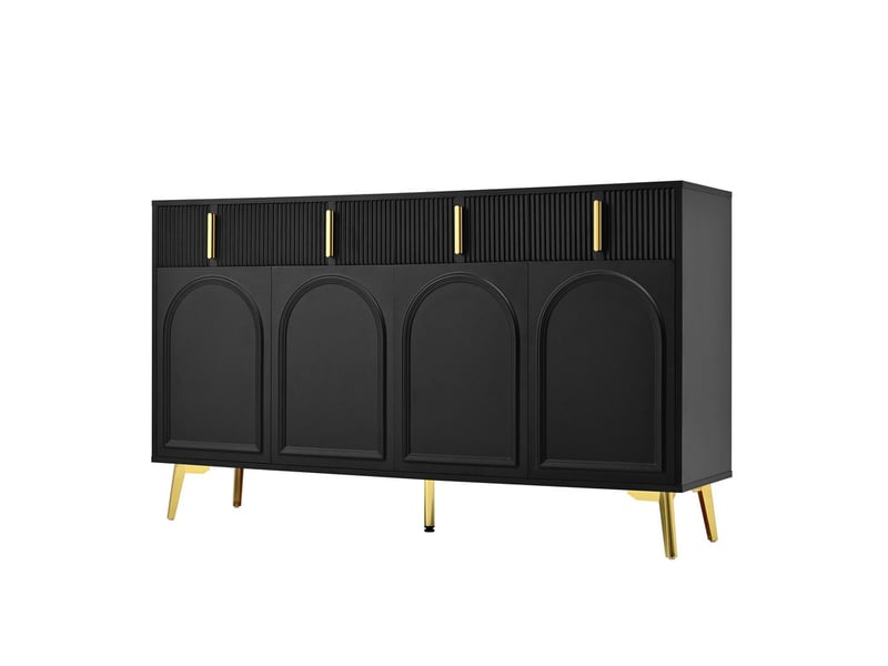  Commode 4 tiroirs et 4 portes, 140 x 38 x 82 cm, poignées et pieds dorés, panneau stratifié amovible, noir  - Conforama A