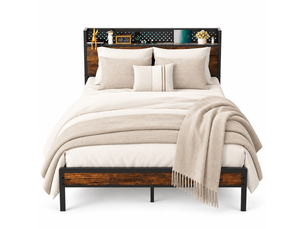 Lit 140 x 190 avec sommier, cadre de lit métallique robuste, éclairage led, prises, usb et type-c, tête de lit avec rangement, design minimaliste, stable, silencieux et antidérapant, noir
