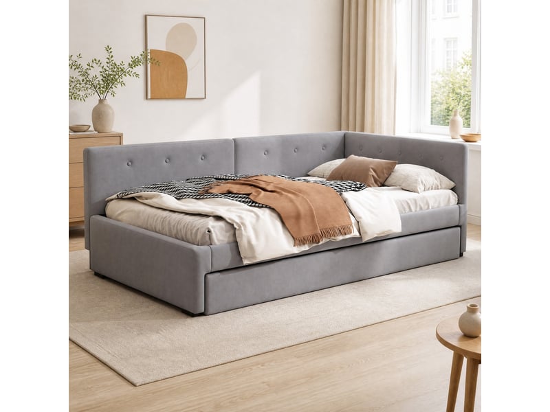 Canapé-lit 90x200+90x190cm, lit simple, lit gigogne, tête de lit et sommiers inclus, velours gris, sans matelas - Conforama B