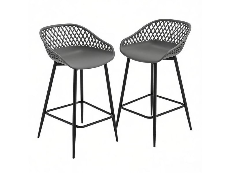  Tabouret de bar lot de 2 avec dossier ajouré, accoudoirs, repose-pieds et pieds réglables en pp et métal gris  - Conforama A
