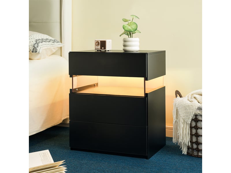  Table de chevet led noire, 3 tiroirs, panneau acrylique, design moderne  - Conforama E