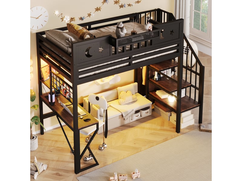  Lit mezzanine 90x200 cm – avec double échelle et espace sous lit modulable – métal – noir evarich - Conforama E