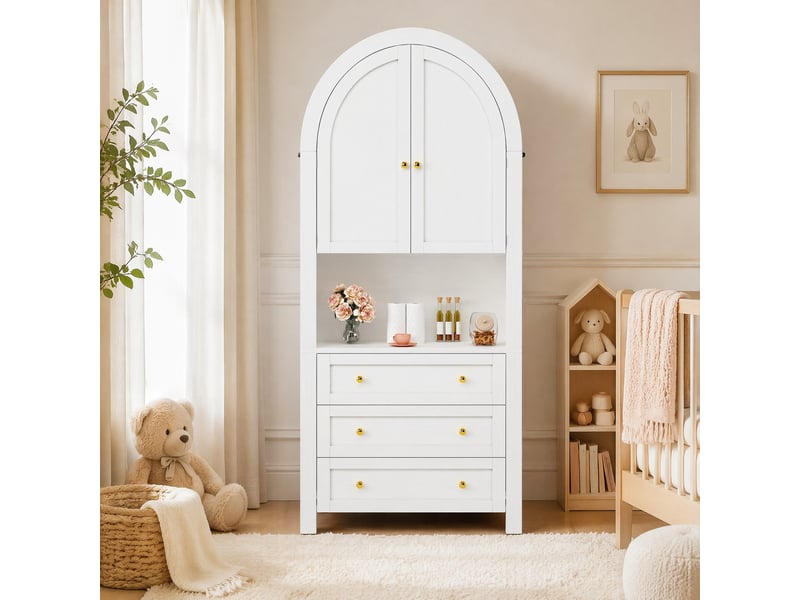  Buffet haut blanc en mdf avec 3 tiroirs et portes arquées - 70 x 35 x 180 cm  - Conforama B