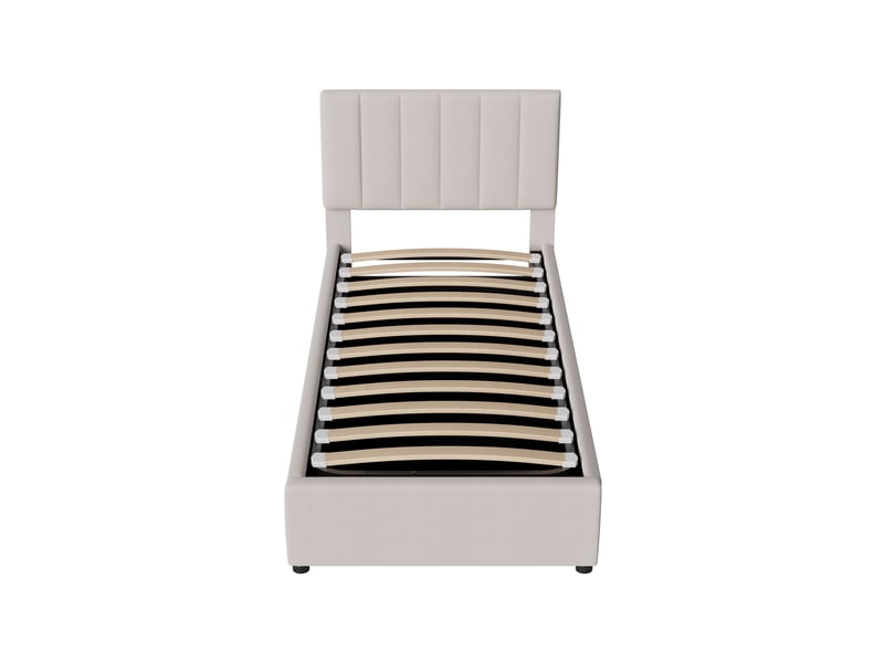  Lit simple rembourré 90x200 cm, lit enfant avec coffre de rangement hydraulique, tête de lit réglable en hauteur, beige  - Conforama D