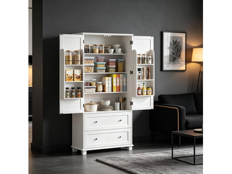  Buffet haut de cuisine blanc à 2 portes et 2 tiroirs, 80 x 39,5 x 184,5 cm  - Conforama C