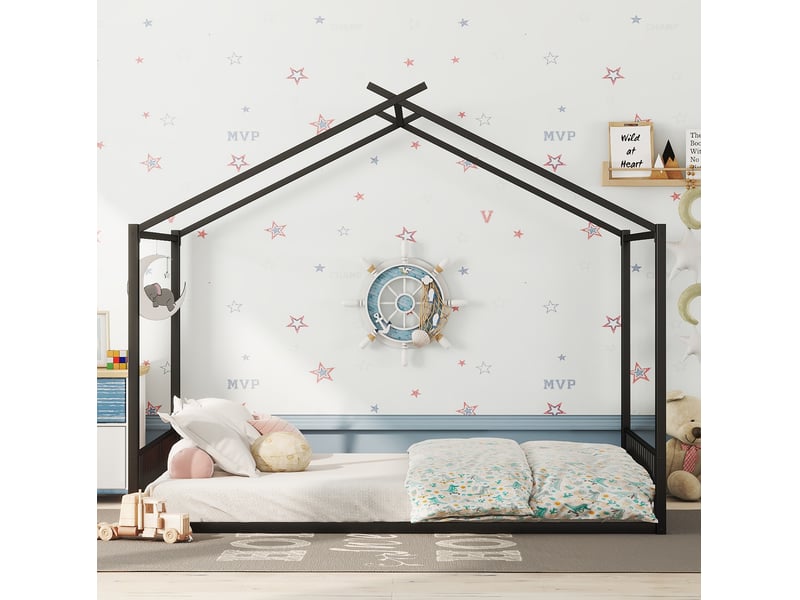  Lit enfant 140x200 cm en métal noir avec structure en forme de maison  - Conforama D