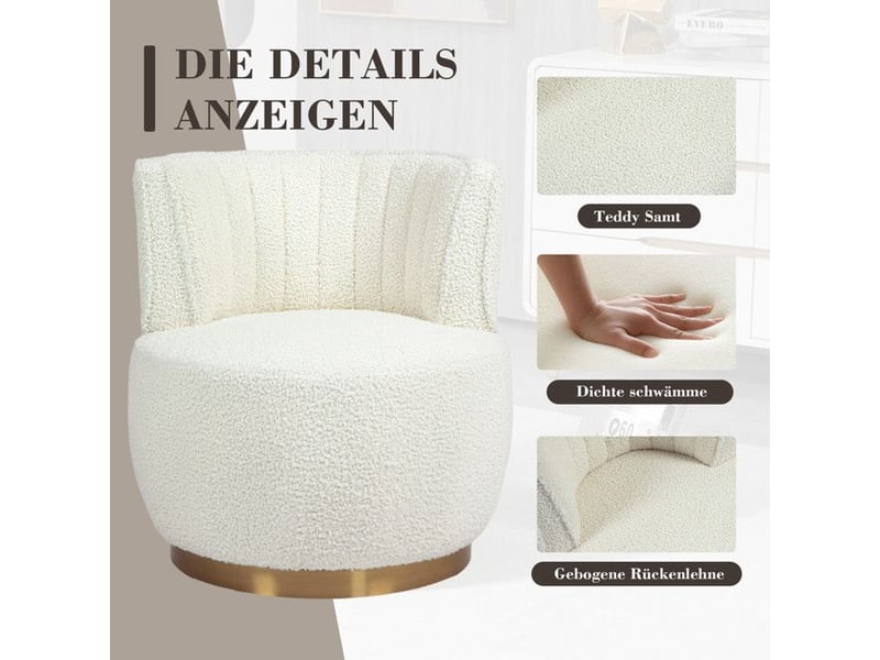  Chaise pivotante - velours teddy - blanc - 62,5x62x69,5 cm - rotation 360°  - Conforama D