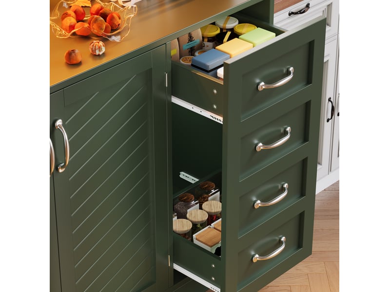  Buffet 120x40x188 cm vert mdf et métal, 4 portes, 2 grands tiroirs, led, rangement pour cuisine et salon  - Conforama E