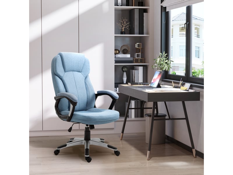  Chaise bureau pivotante, hauteur réglable, bascule, appui-tête, accoudoirs, lin bleu clair, 66x75x110-120 cm.  - Conforama C