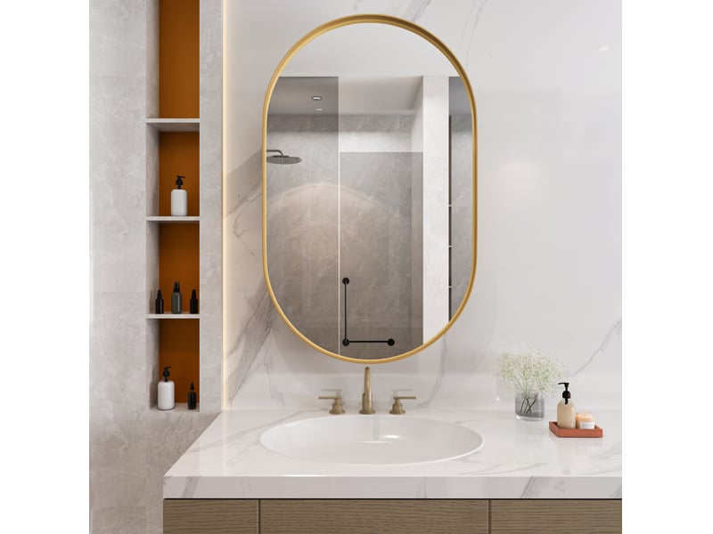 Armoire de toilette miroir ovale 85x51,5x12 cm, 2 tablettes en verre réglables, murale ou encastrée, métal doré  - Conforama B