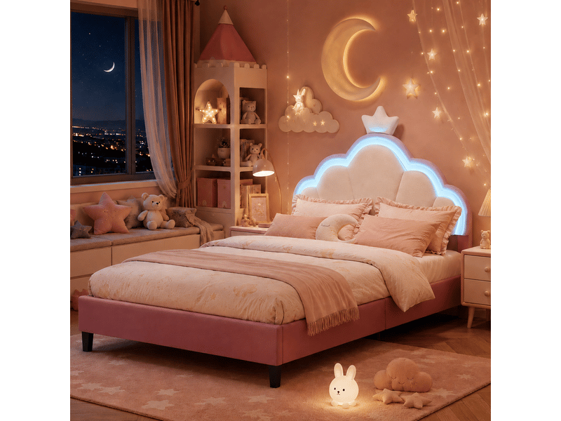  Lit capitonné 90 x 200 cm, lit enfant avec sommiers à lattes et dossier,cadre de lit pour fille, lit enfant 90x200 cm,  lumière led, lit fille avec tête de lit réglable en hauteur,  décor couronne, lit rembourré enfant, 1 person…  - Conforama B