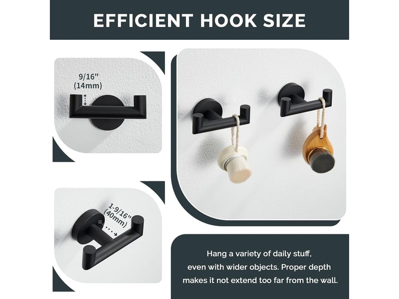  2 pièces double crochet mural de salle de bains, acier inox sus 304 pour peignoir, porte serviette, accroche torchon cuisine, noir - réf. Szpb845942jjzj  - Conforama D