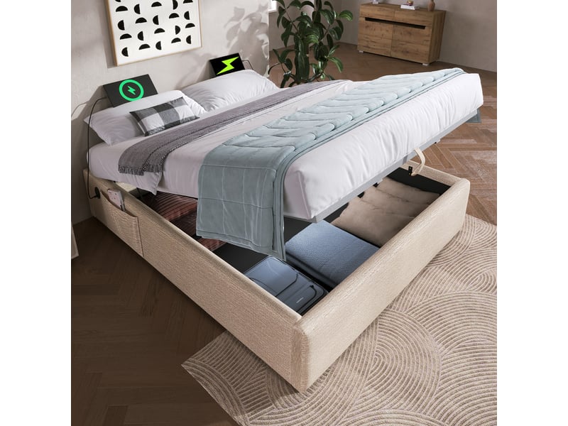  Lit double coffre 160x200 cm-hydraulique-usb type-c-sommier plein en bois-sans tête de lit-tissu lin-naturel (sans matelas)  - Conforama B