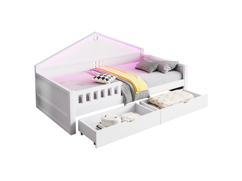  Lit simple 90x200 cm avec 2 tiroirs et éclairage led en bois blanc  - Conforama A