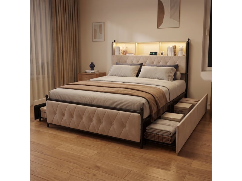  Lit avec 4 tiroirs 180x200, lit double avec éclairage led, lit adulte, tête de lit rangement et ports usbtype-c, cadre de lit en métal et bois, scandinave, velours, beige  - Conforama A