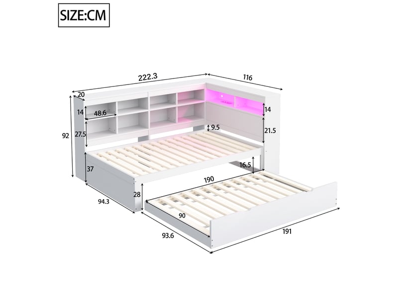  Lit banquette enfant 90 x 200 cm avec lit gigogne 90 x 190 cm, led, usb et rangements, bois, blanc Fay Lum - Conforama C