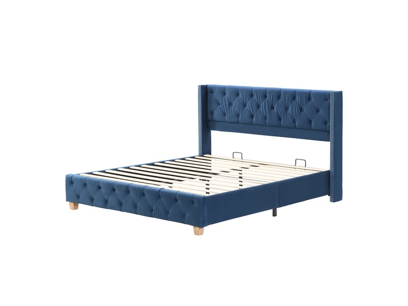  Lit 160x200 cm velours bleu – tête capitonnée, sommier à lattes et pieds bois  - Conforama D