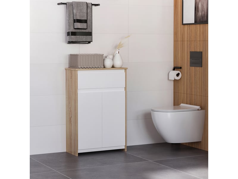  Meuble de salle de bain multifonctionnel, avec placard et tiroir, gain de place, bois et blanc, 60 x 30 x 90 cm  - Conforama C