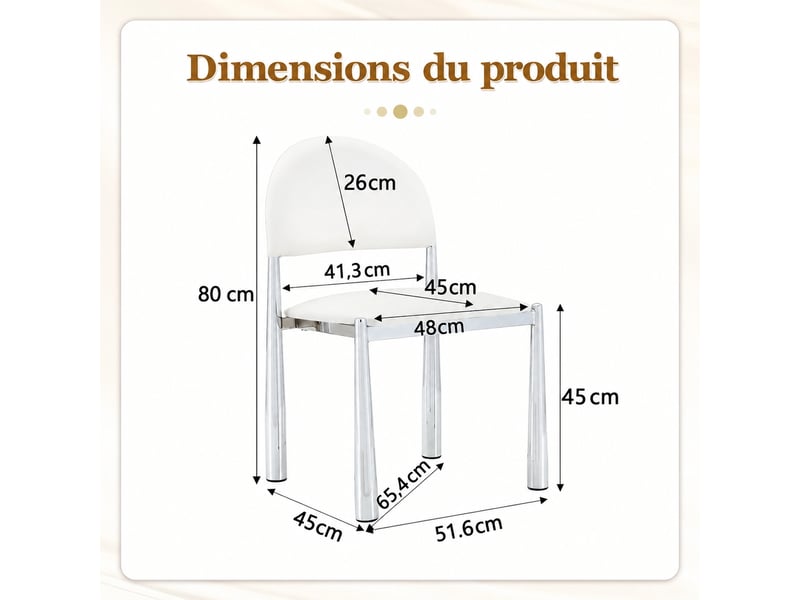  Chaises de salle à manger par 2, simili blanc, pieds métal, dossier arrondi, h80 cm  - Conforama C