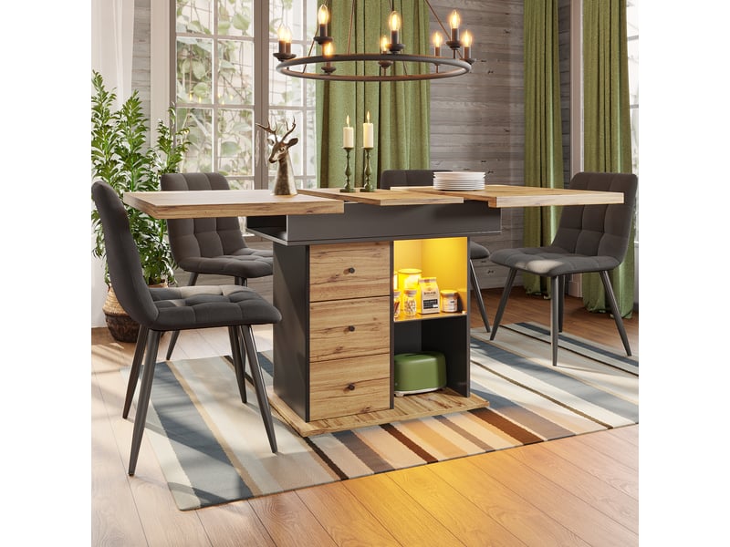 Table de salle à manger extensible led avec 2 tiroirs pour cuisine 110-140×80×75 cm en mdf noir naturel - Conforama D