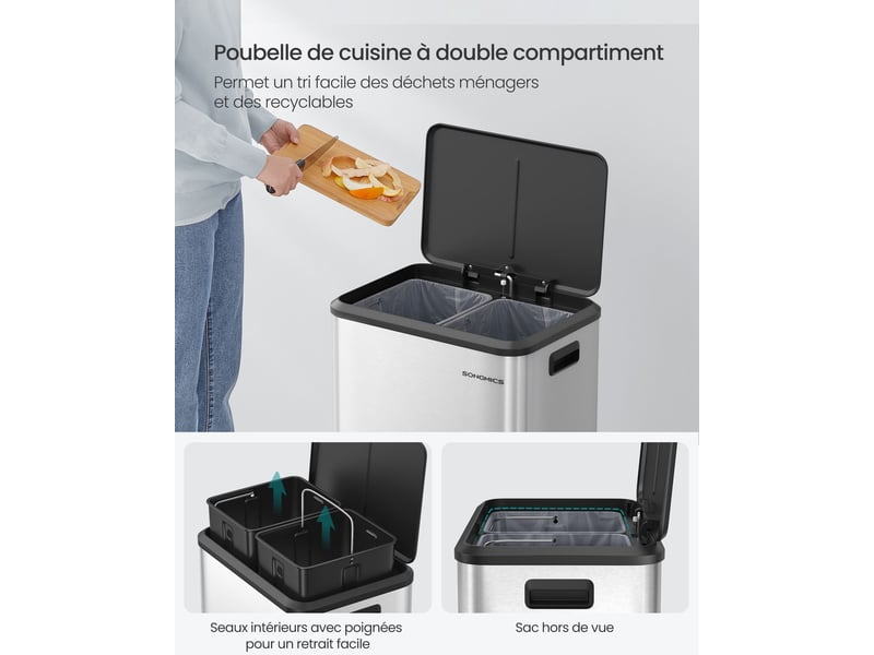  Poubelle de cuisine double recyclage 41,7 x 33,2 x 49,4 cm avec pédale ergonomique design moderne en acier argent 12_0011991  - Conforama D