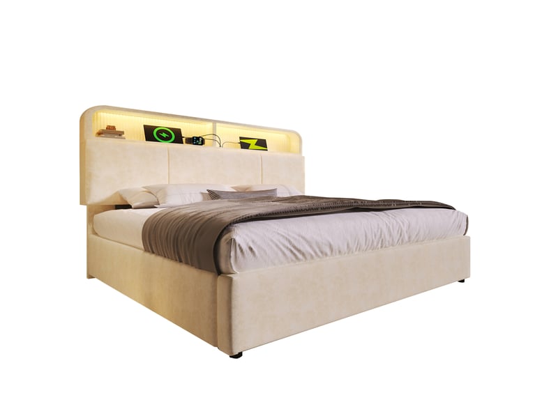  Lit coffre 180 x 200 cm beige en velours avec tête de lit réglable, led et station de charge  - Conforama A