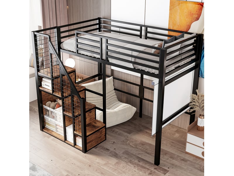  Lit mezzanine enfant 90 x 200 cm avec escalier, rangements et tringle, noir  - Conforama E
