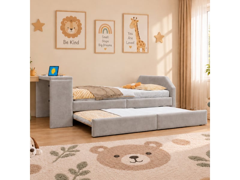  Lit pour enfant rembourré 90x200 cm – avec port de charge usb – avec lit gigogne – velours – gris (matelas non inclus)  - Conforama E