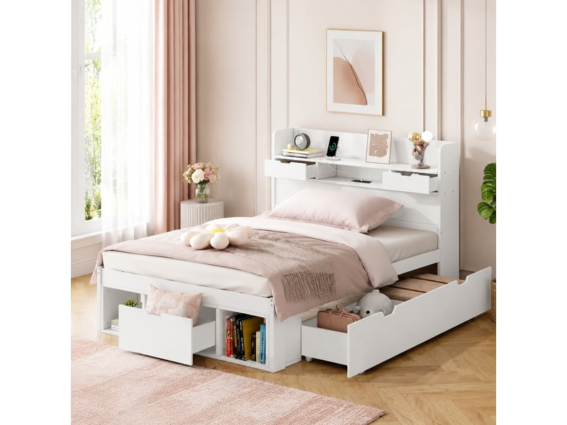  Lit enfant et adolescent 90x190 cm avec tiroirs et port usb, blanc  - Conforama B
