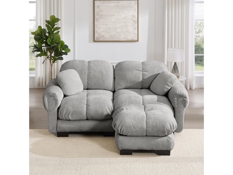 Canapé d’angle modulable 2 places avec pouf mobile - lpospi - coussins épais en chenille gris clair - Conforama B