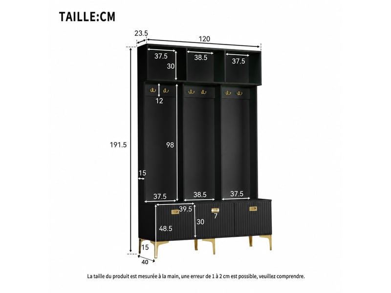 Meuble d'entrée avec banc, rangement ouvert, 6 crochets dorés, panneaux rainurés, pour couloir, noir, 120 × 40 × 191 cm - Conforama D