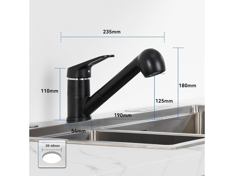  Robinet de cuisine noir avec douchette extractible, rotation à 360°, sortie d'eau chaude et froide monotrou, convient aux éviers, cuisines ou lavabos  - Conforama E