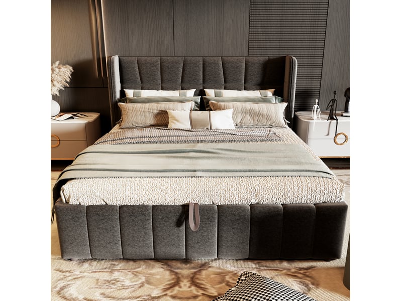  Lit coffre capitonné gris 180 x 200 cm avec sommier à lattes  - Conforama B