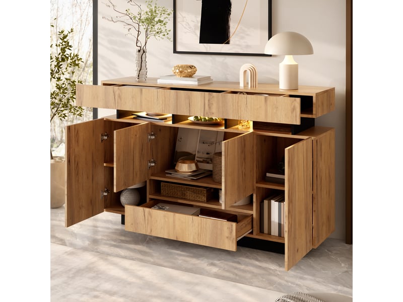 Buffet bas avec éclairage led 140x35x90 cm, 4 portes, 3 tiroirs, niches ouvertes et rangement spacieux - naturelnoir - Conforama D
