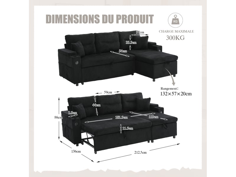  Canapé convertible modenvie 3 places avec méridienne rangement usb-c noir en velours côtelé 212,5 x 136 cm  - Conforama C