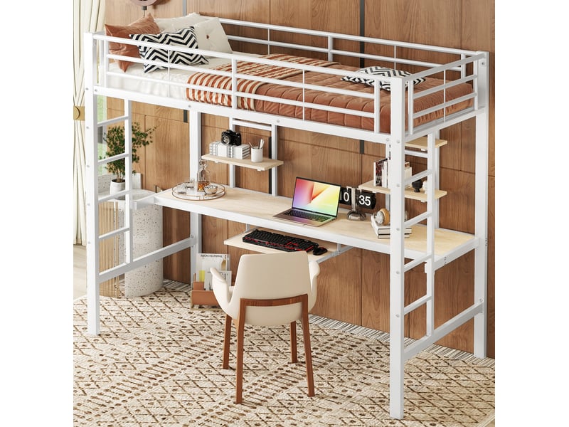  Lit mezzanine 90x200 cm en métal blanc avec bureau, 2 étagères et échelle  - Conforama B