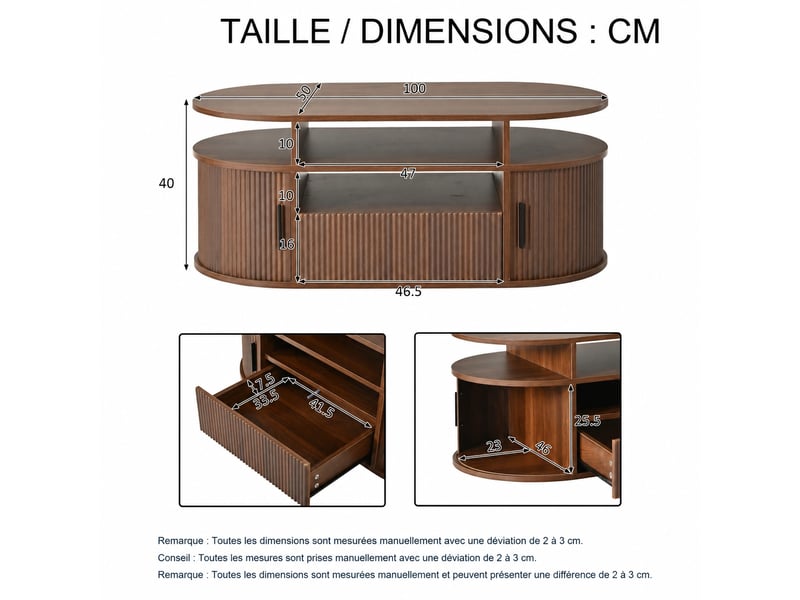Table basse ovale effet noyer avec tiroir, 2 portes à enroulement et rangements ouverts, mdf, 100 x 50 x 40 cm - Conforama E