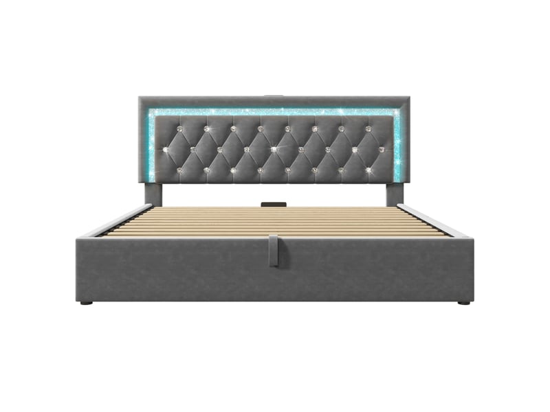  Lit coffre 160x200 en velours gris avec rangement hydraulique, led, ports usb type-c et sommier à lattes  - Conforama A