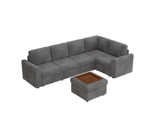 Canapé d'angle droit convertible 6 places Velours côtelé gris avec coffre de rangement