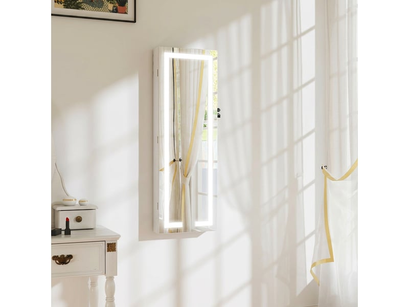  Armoire à bijoux avec led, organisateur de bijoux muralde porte verrouillable avec miroir, blanc, 37 x 10,5 x 108 cm  - Conforama D