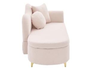Chaise longue moderne pour salon, 134 cm, tissu effet peau de mouton, rangement caché, assise ferme et coussins inclus