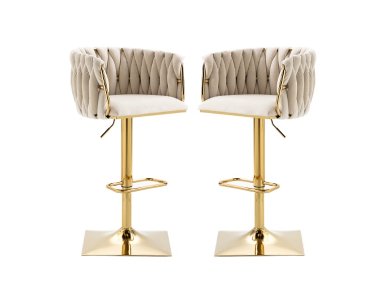  Tabouret de bar lot de 2 - vintage - dossier tissé - velours ivoire - pivotant 360° blanc - Conforama A