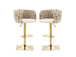 Tabouret de bar lot de 2 - vintage - dossier tissé - velours ivoire - pivotant 360°