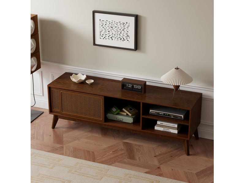  Meuble tv tcqpz vintage en rotin 150 cm pour tv jusqu'à 65 pouces bois foncé mdf avec portes coulissantes et rangements  - Conforama D