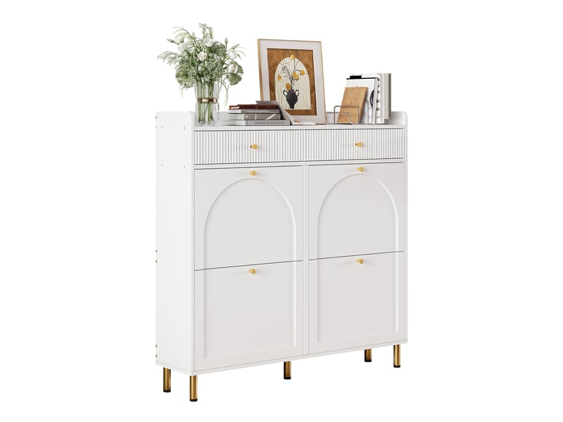  Meuble à chaussures 106.5x25x105.5 cm avec 4 portes battantes et 2 tiroirs, étagère à chaussures, commode à chaussures avec poignées  - Conforama C